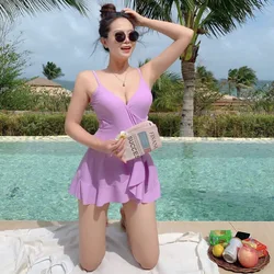 2024 New One Piece Swimsuit V Neek Bandage Solid Beachwear Women Solid Swimwear Backless Bathing Suit Swimskirt