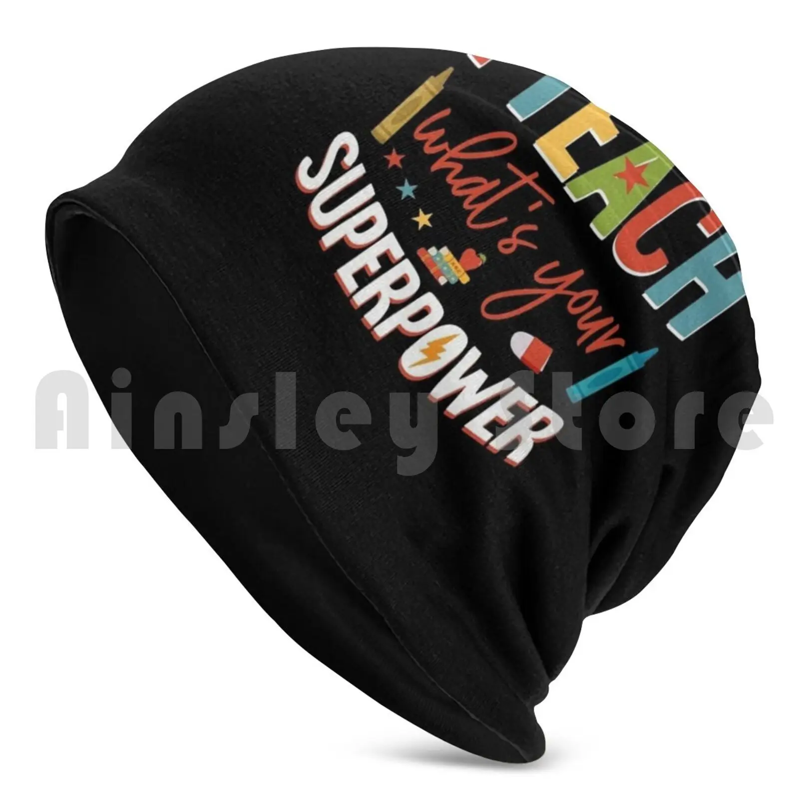 I Teach What Is Your Superpower Beanie Hedging Cap DIY Print Cushion Teacher School Learn Children Funny School Funny