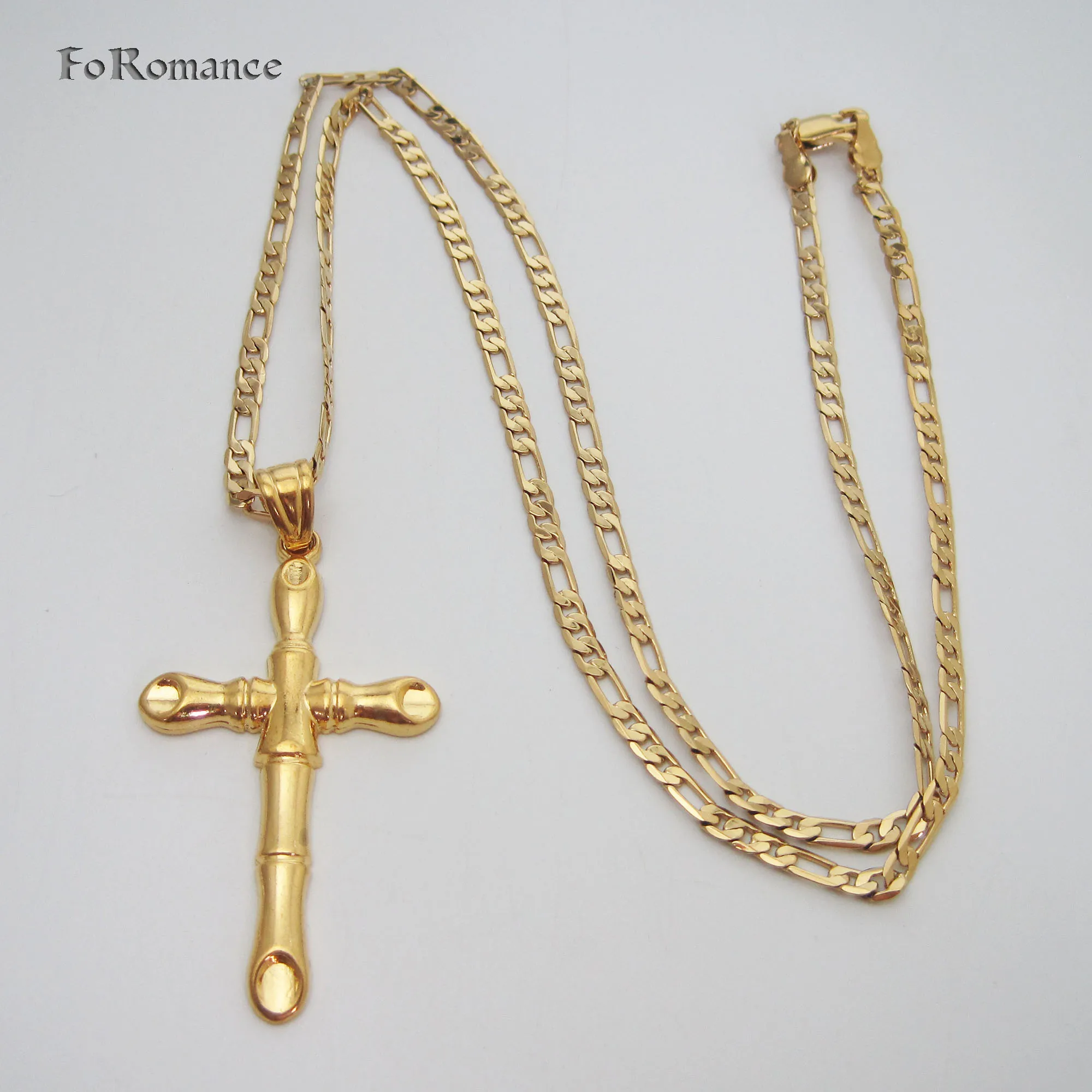 YELLOW GOLD PLATED 24INCH FIGARO CHAIN PLAIN BAMBOO SHAPED JESUS PENDANT CROSS NECKLACE GREAT GIFT