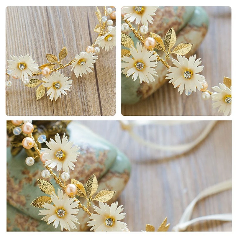 Bride Wedding Hair Accessories Pearl Floral Crown Bride Garland Hairband Floral Hair Leaf Vine Pearl Headpiece Hair Ornament