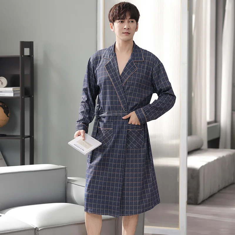 Autumn Winter Bathrobe Men 100% Cotton sleep top Kimono Robes For Male Plaid Robes M-4XL Long Bath Robe Bride Robe Dressing Gown