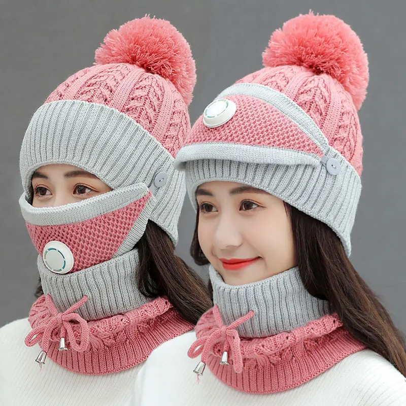 3PCS Womens Winter Scarf Set  with Filter Thickend Knitted Hat Scarf Face Cover Outdoor FS99