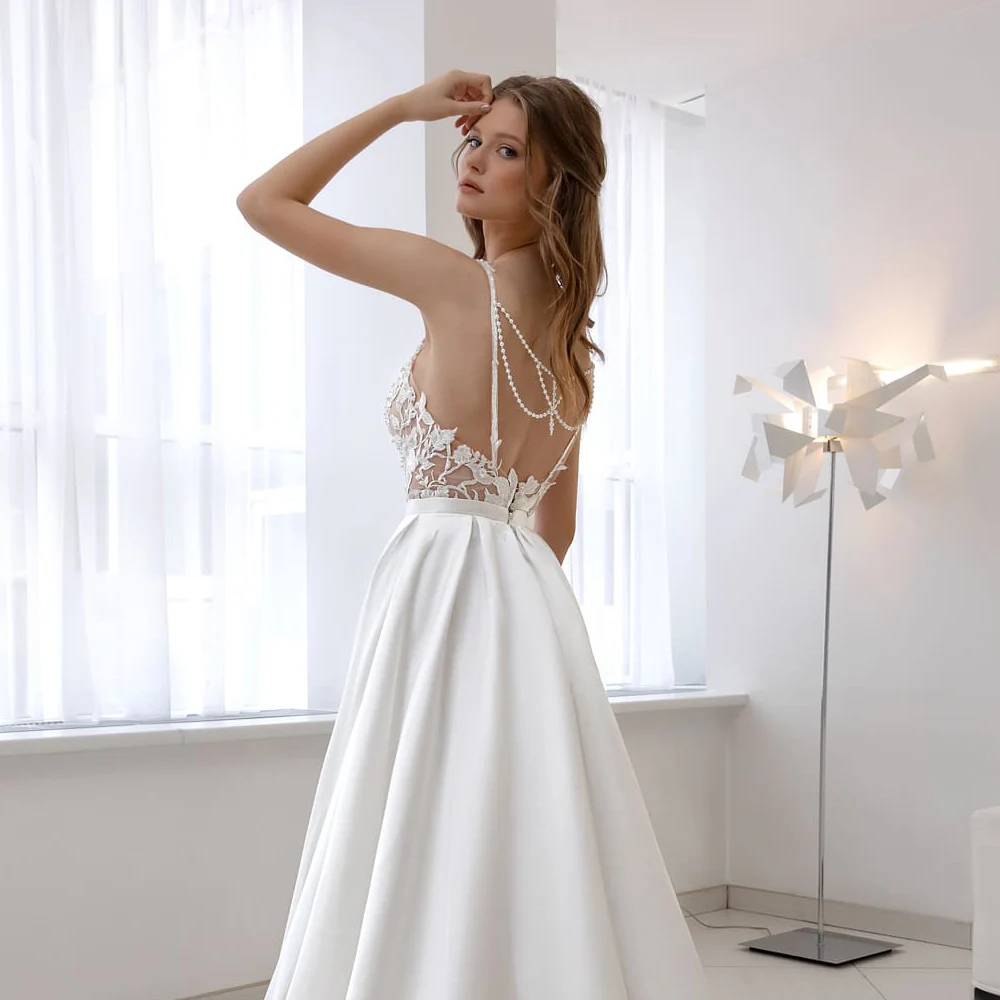 ADLN Classic Spaghetti Straps Satin Wedding Dresses with Pearls Sexy Back Robe de Mariee A-line Bridal Gown Customzied