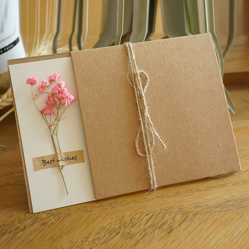 5pcs Vintage DIY kraft paper invitation greeting card with envelope handmade dried flowers wedding party invitation envelope