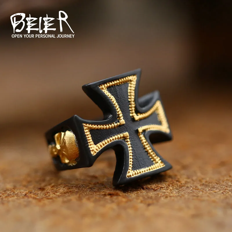 BEIER World War II Iron Cross Man\'s Stainless Steel Fashion Ring German Army Iron Cross /Skull Ring Personality BR8-760 US Size