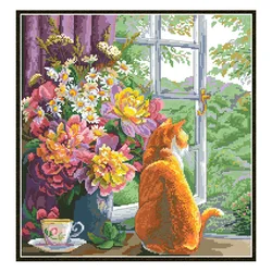 Summer Afternoon Counted Cross Stitch Kits Cat Unprinted Patterns Canvas Embroidery Sets 11 14CT DIY Crafts Home Decor Paintings