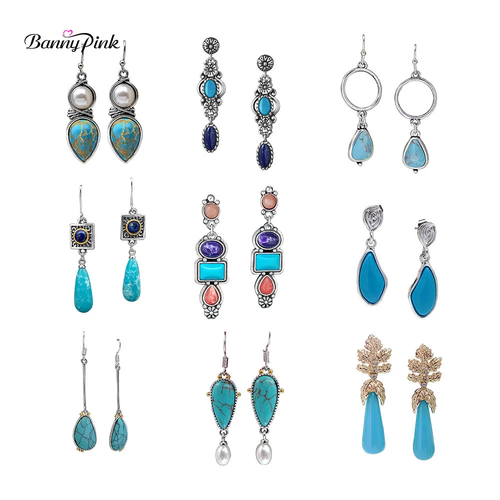 Banny Pink Antique Boho Turquoises Earrings For Women Vintage Exquisite Metal Stone Jewelry Earring 2021 New