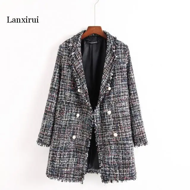 

Europe style autumn/winter women jacket new fashion pearl buttons jacket checkered Tweed coat jacket casual loose outwear