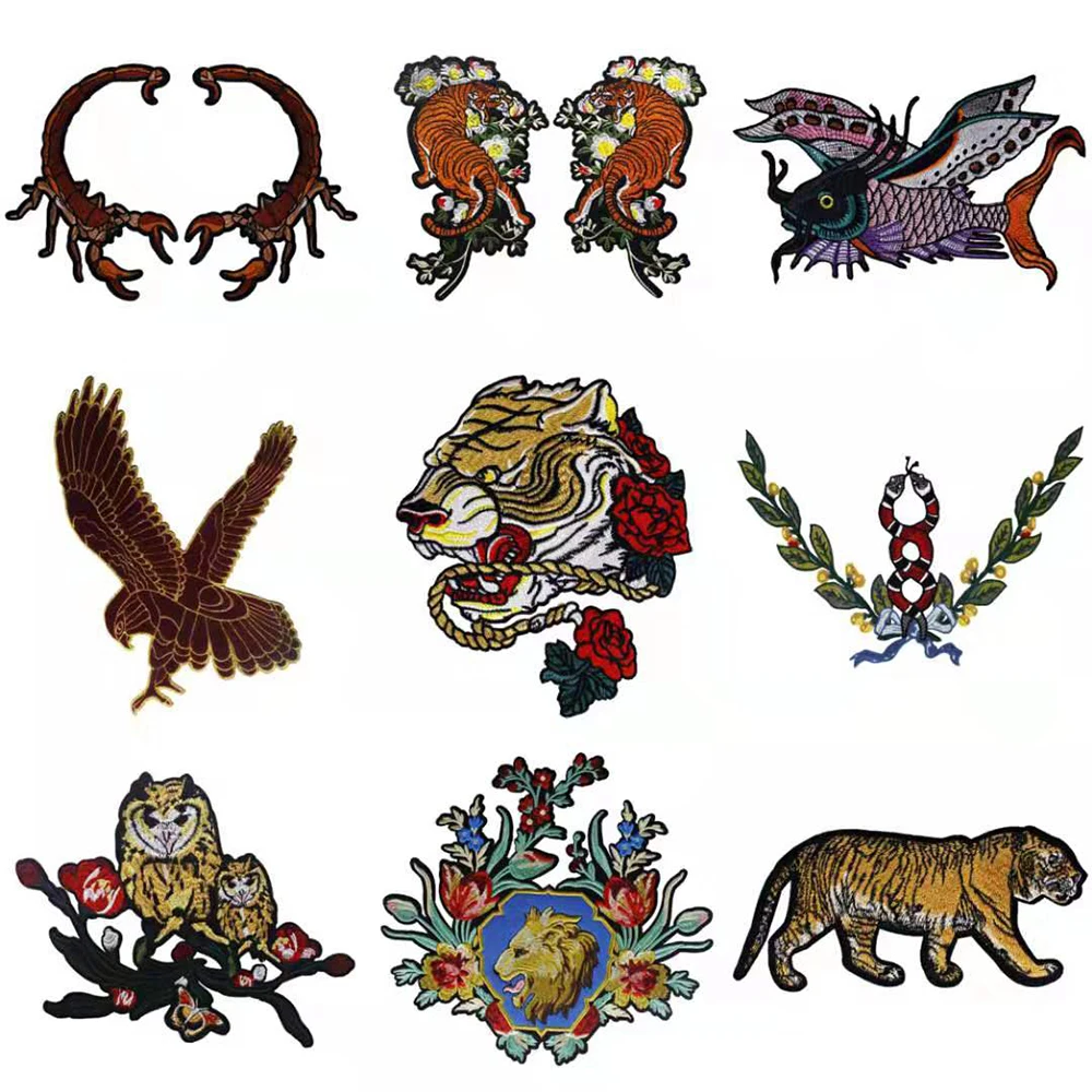 1pc diy peixe especial remendo tigre rosa flor escorpião coruja águia jaqueta applique bordado tecido emblema costura acessórios th644
