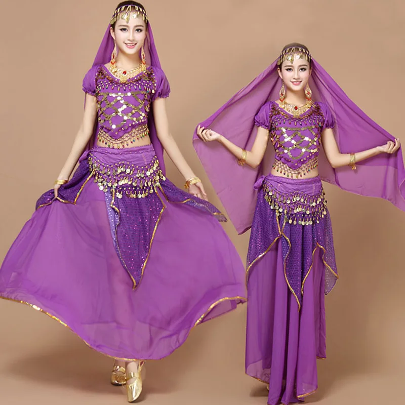 4pcs/Set Professional Oriental Dance Costumes Women Indian Costume for Oriental Bellydance Traje Dresses Gold Belly Dance Skirt