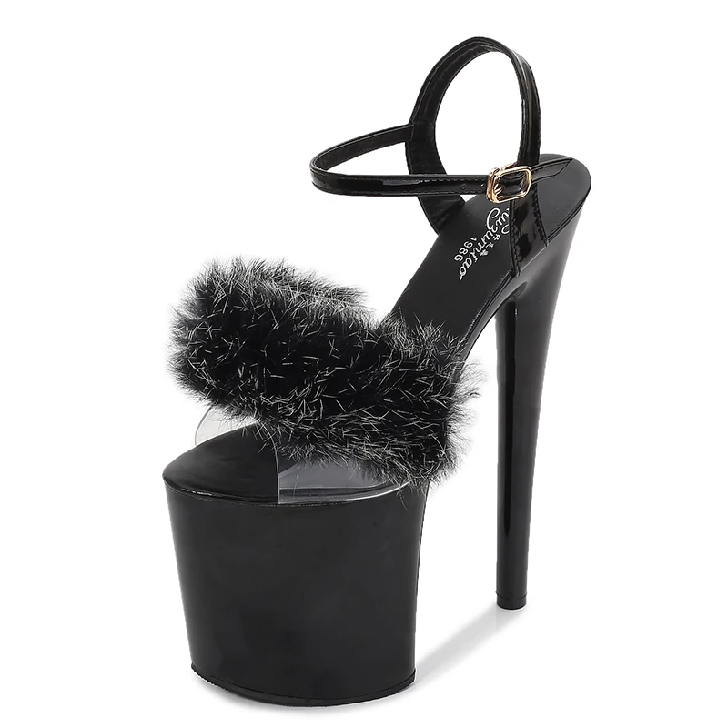 Women\'s Fur Shoes Super High Heel Walking Show Artifact Model Heels 20cm Fur Sandals Pvc Summer Sexy Thick Bottom Wedding Shoes