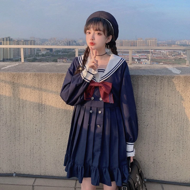 Princess sweet lolita dress Bobon21 Navy wind college JK uniforms high waist dress embroidered Pleated Dress fashion women C1859