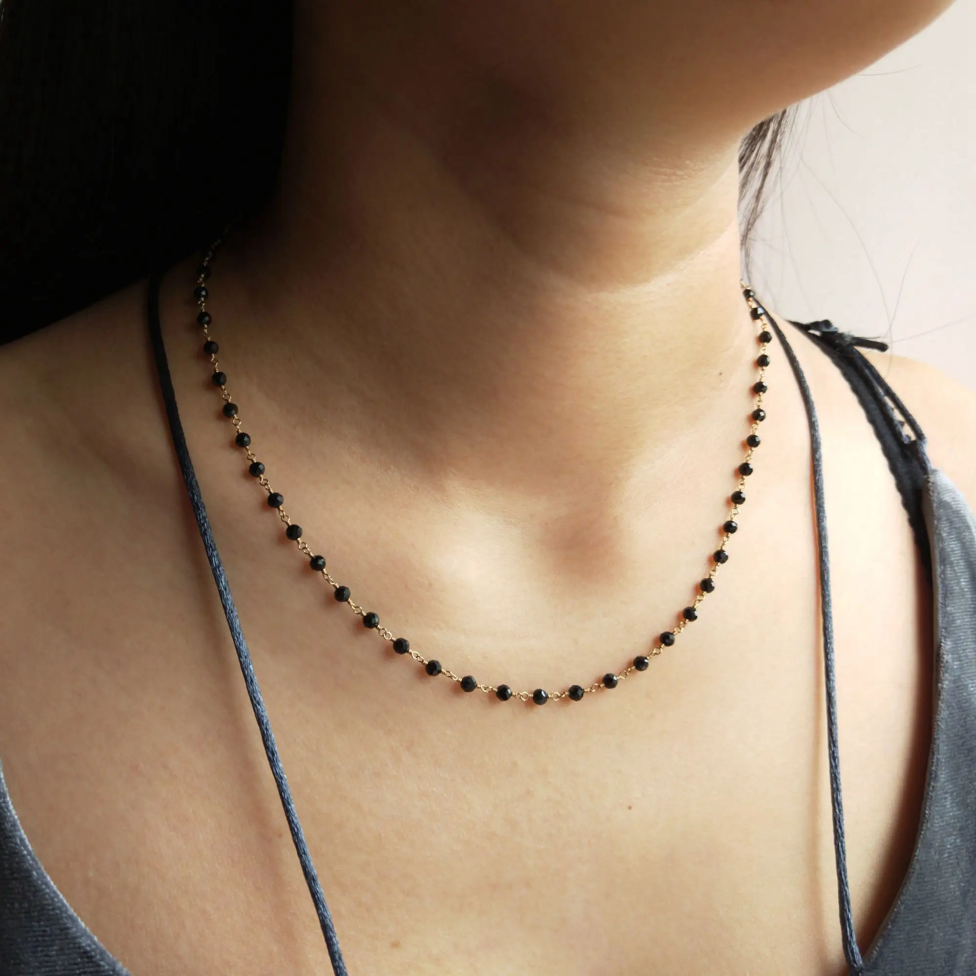 Lii Ji Delicate Neckalce 45cm Black Spinel 3mm Necklace 925 Sterling Silver Gold color Handmade Women Jewelry