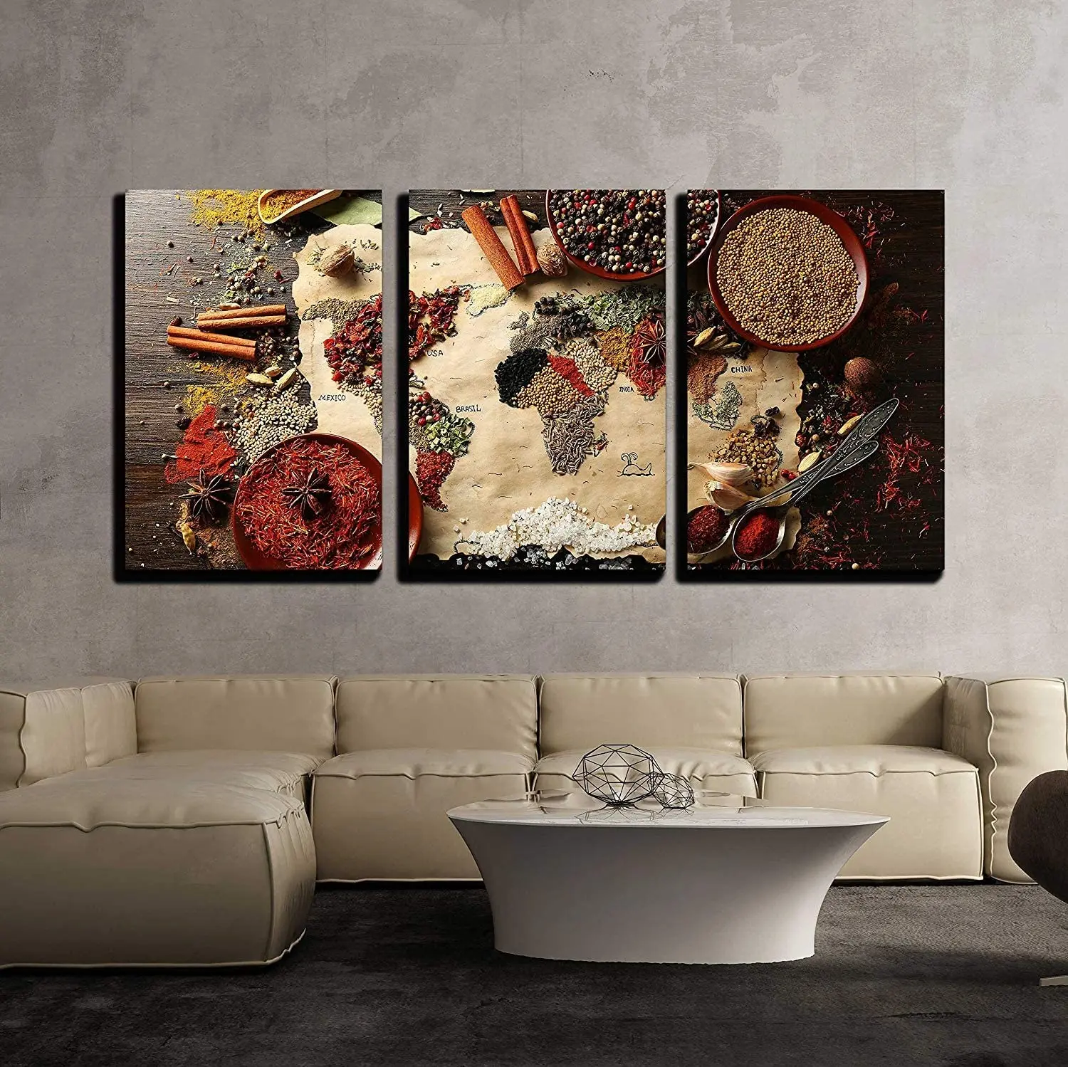 3 Panels World Map Made From Spices - Canvas Oil Painting Art Can For Wall Decoration