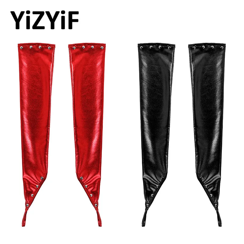 Women Shiny Metallic Gloves Wetlook Patent Leather Fingerless Long Gloves with Rivets Night Club Dancewear sexy Long Arm Gloves