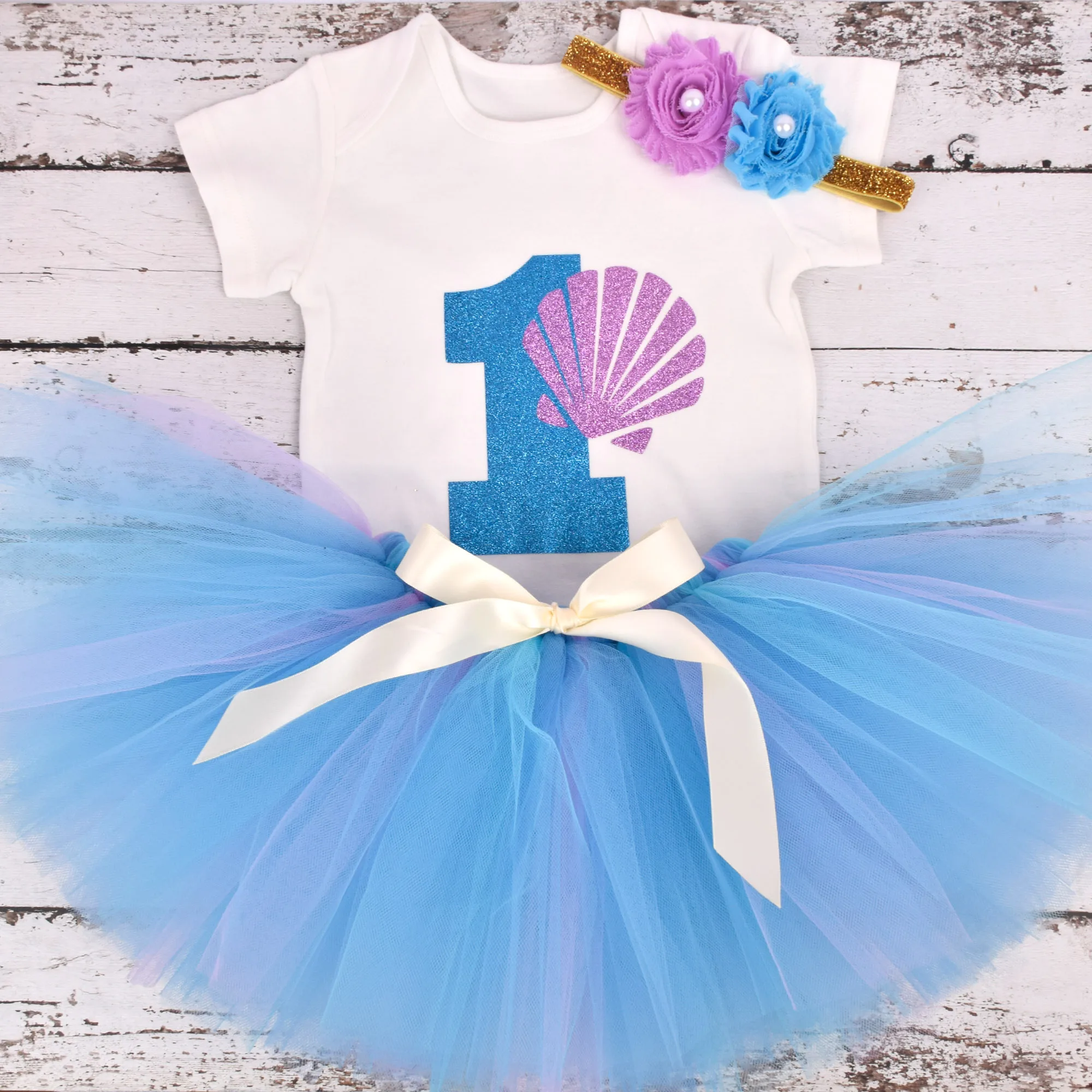 Baby Girl One Year Mermaid 1 First Birthday Tutu Outfit Summer Baby Romper Clothes Tulle Mesh Party Tutu Skirt Set Clothing