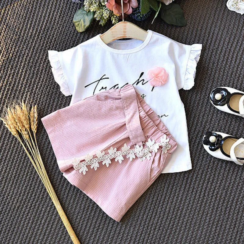 Summer Fashion Kids Girls Clothes 2PCS Baby Outfits Short Sleeve Casual Tracksuits Floral Letter Children Clothing Cotton A380