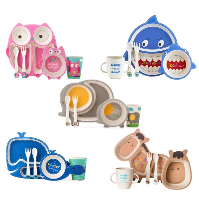 

5pcs/set Baby Dish Tableware Children Cartoon Feeding Dishes Kids Natural Bamboo Fiber Dinnerware With Bowl Fork Cup Spoon Plate