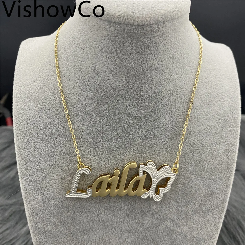 Imagem -04 - Vishowco Colar com Nome Personalizado Colar de com Pingente Jóias Finas e Pingentes com Nome Personalizado Placas Duplas de Ouro e Borboleta 3d Aço Inoxidável