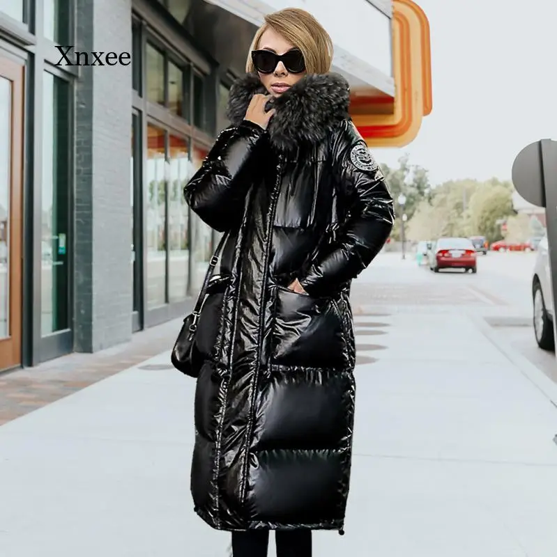 

Winter 2021 New Shiny Coat Fashion Solid Color Hooded European and American Mid-Length Thick Padded Coat