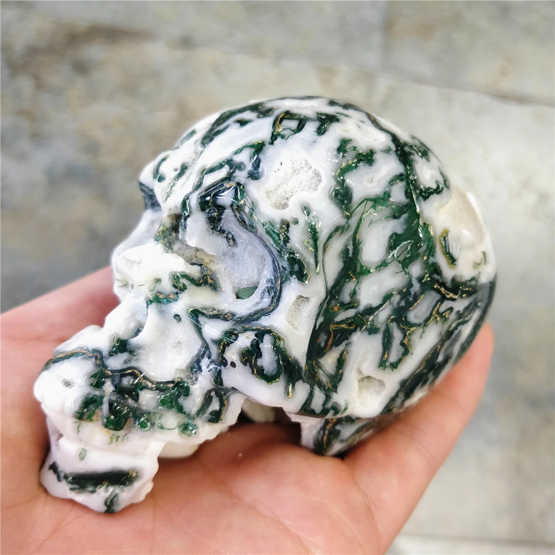 

100% Real Gemstones Natural Moss Agate Minerals Crystal Making Skull Decorative Sculpture Figurine Stones For Handicraft Supply