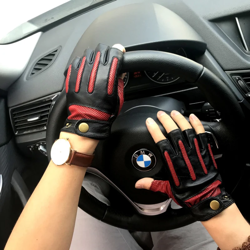 

New Mens Leather Gloves Hole Button Breathable Goat Genuine Leather Mittens Fashion Summer Driving Men Gloves Half Finger Gloves