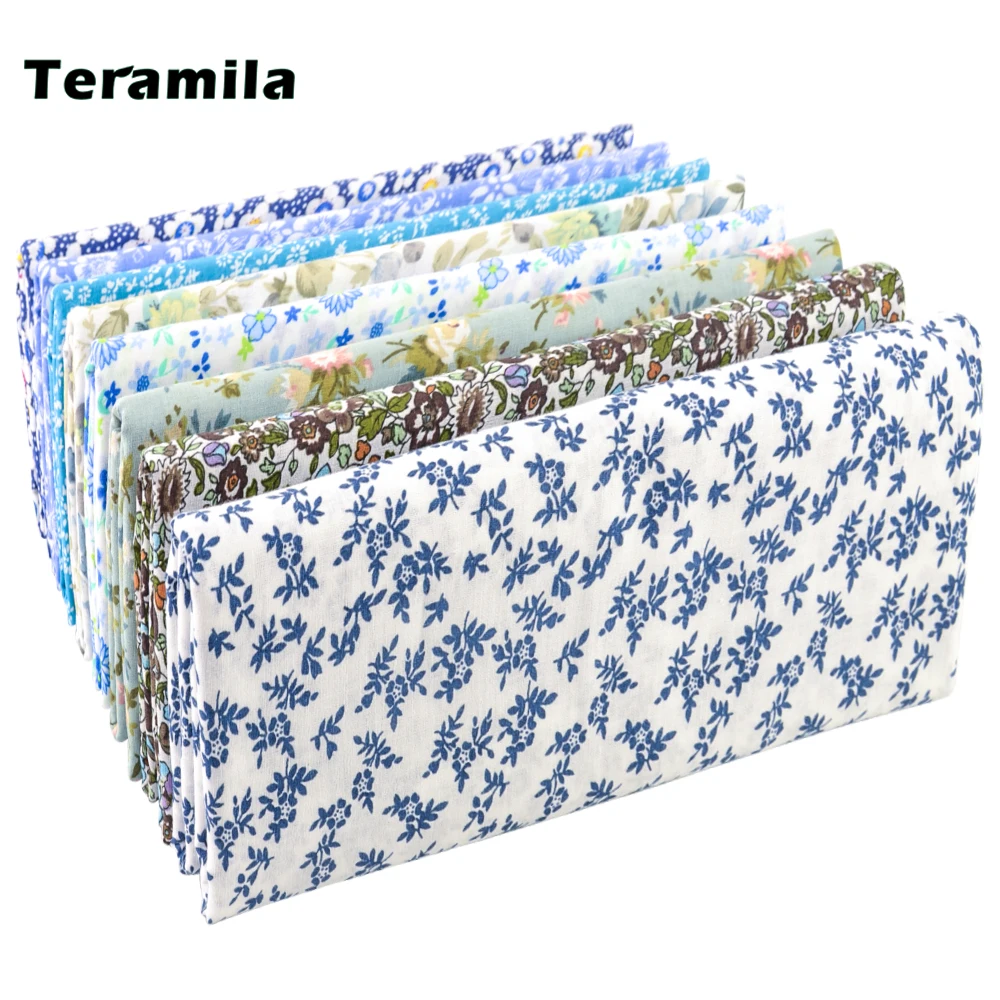 Teramila Thin Grid Pattern Blue Floral 100% Cotton Printed Patchwork Cloth Fabric for Art Sewing DIY Handmade Crafts Needlework