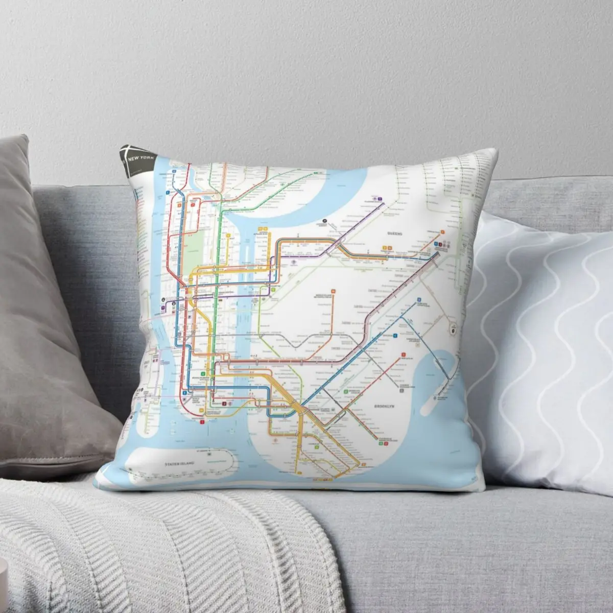 New York City Subway Map Square Pillowcase Polyester Linen Velvet Printed Zip Decor Room Cushion Cover