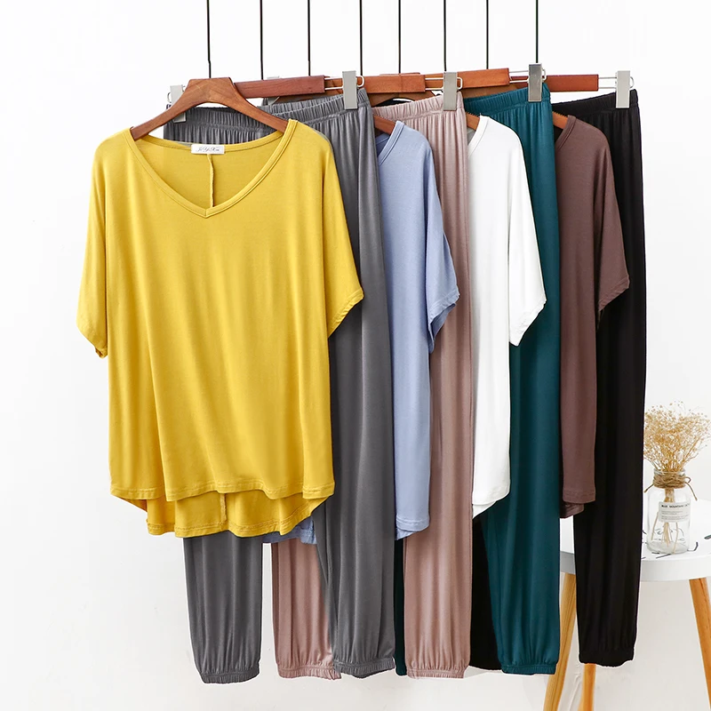 

2021 New Summer Women's Cool Loose Modal Cotton Fashion Suit Ladies Thin V-Neck T-Shirt Sports And Leisure Long Pants Two-Piece