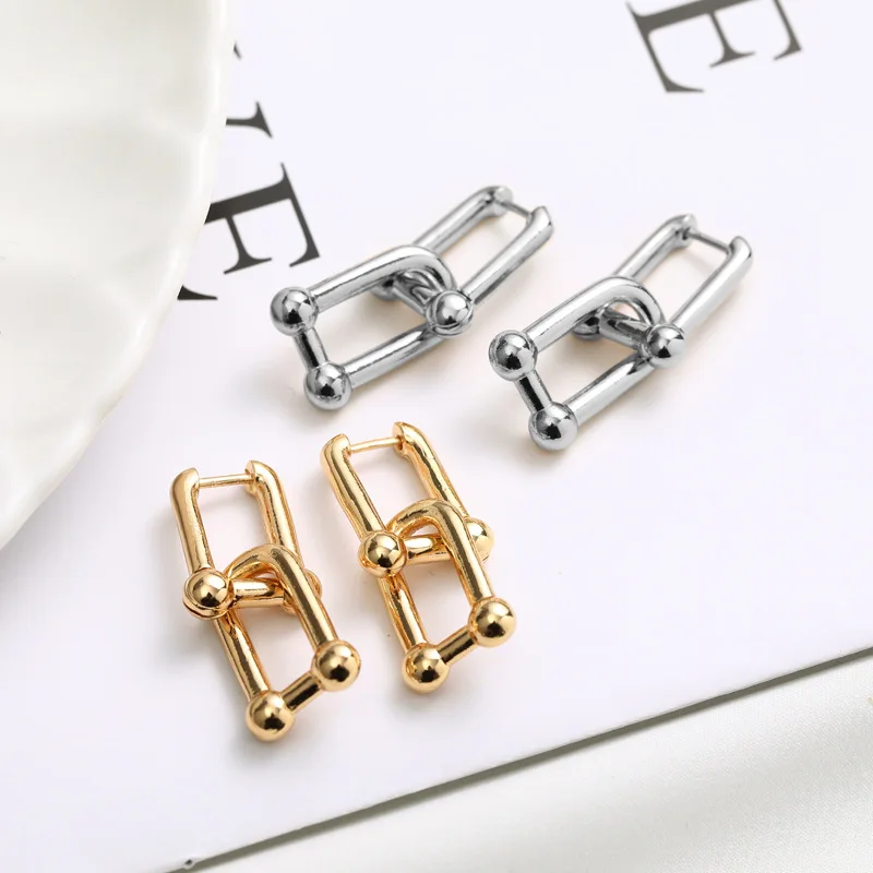 Vintage Brass Thick Link U Shape Geometric Chunky Huggie Earrings For Women Gold Chic Stylish Dangle Drop Earrings Jewelry