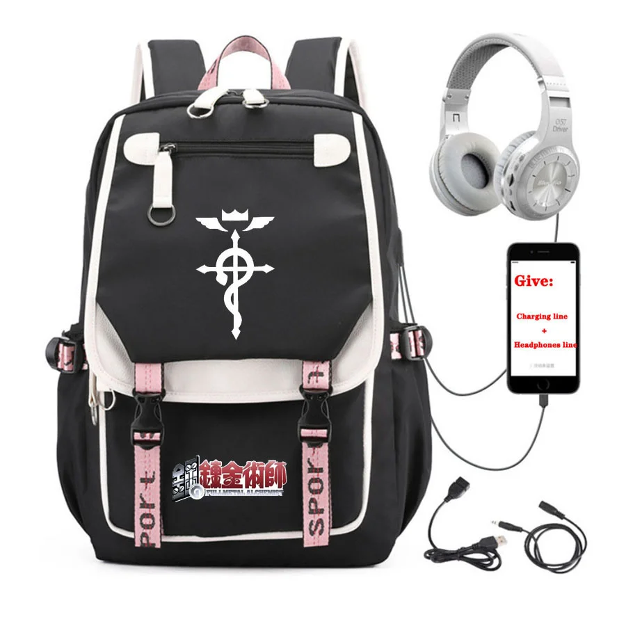 

anime Fullmetal Alchemist backpack student School book Bag Unisex Travel Backpack USB Charging teenagers Laptop packsack