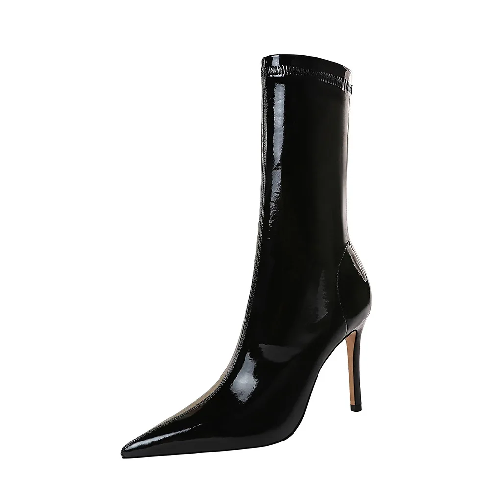BIGTREE Shoes Stiletto Pointed Toe ANKLE Boots Black Patent Leather Sexy Thin High Heel Boots Winter Boots Pole Dancing view 3