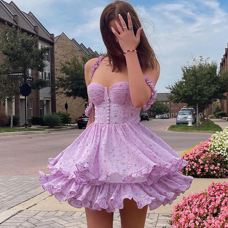 Pleated Floral Strap Dress 2022 Spring New Sweet Cake Vintage Purple Sling Dress Corset Sexy Short Beach Dress Summer Robe Femme