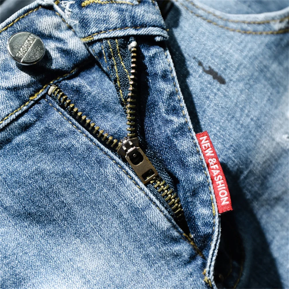 EH · MD® Hole-lined Printed Letter Jeans Men's Splash Ink Paint Dots Soft Casual Loose Cotton Elastic Trousers Mustache Red Ears