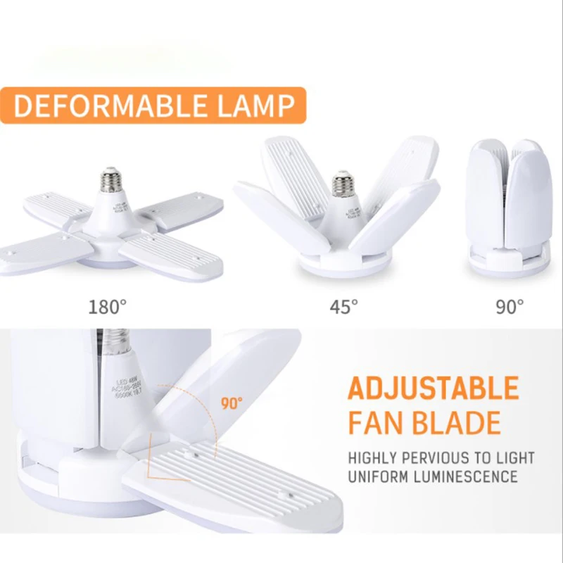 60W Led Deformable Bulb Bright Fan Leaf Bulb E27 AC85-265V Garage Restaurant Ceiling Lighting Foldable Cold White 6500k