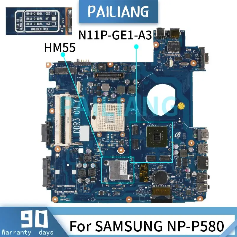 

PAILIANG Laptop motherboard For SAMSUNG NP-P580 Mainboard BA41-01407A BA92-07347A N11P-GE1-A3 HM55 DDR3 TESTED