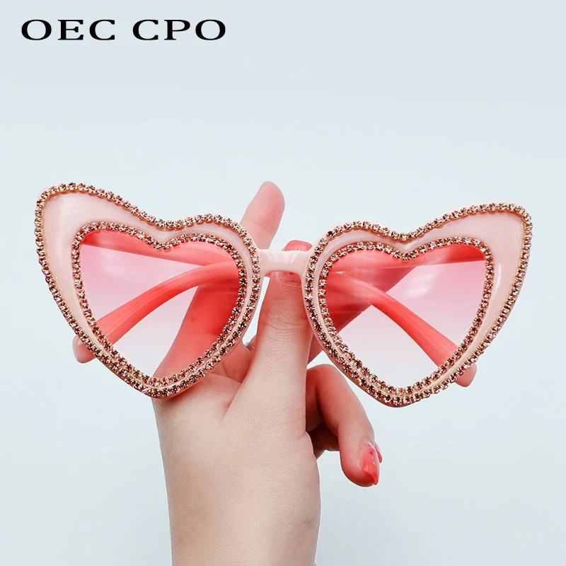 OEC CPO Heart Shaped Rhinestone Sunglasses Women Unique  Diamond Sun Glasses Female Fashion Pink Eyeglasses gafas de sol O964