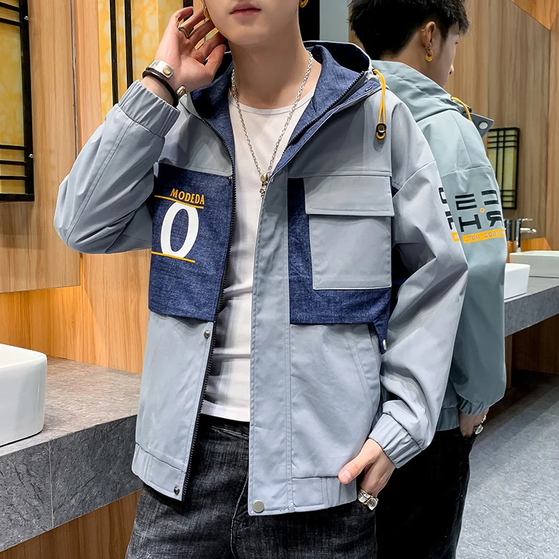 New  Men's Hooded Jacket Winter Casual Bomber Jackets Boy's Hooded Jacket  Print Letter And Big Pocket Plus Denim Youth Fashion