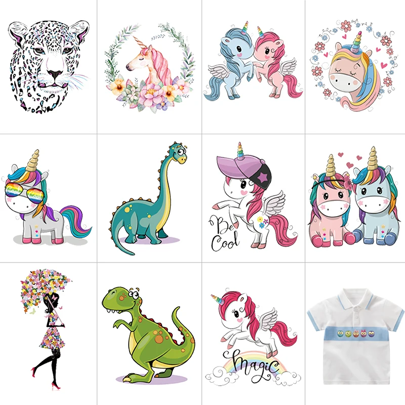 Cartoon Pony Unicorn Dinosaur Iron On Patches Heat Transfer For Stripe On Clothes Boy Girl T-shirt DIY custom Magic Sticker E