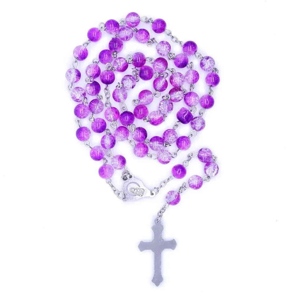 1PC 8cm Gradient Color Religious Rosary Round Beads Cross Virgin Mary Fashion Rosary Cross Necklace Catholic Religious Jewelry