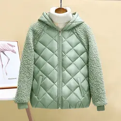 Chaqueta fina de algodón con capucha para mujer, abrigo corto de imitación de lana de cordero, holgado, otoño e invierno, 2023