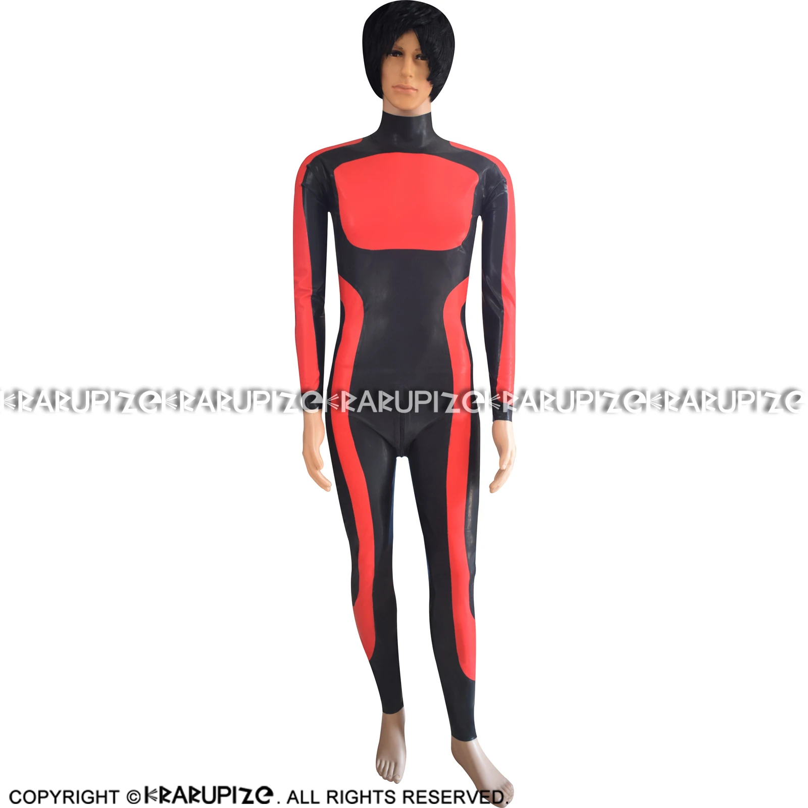 Sexy Latex Catsuit With Back To Front Crotch Zipper Long Sleeves Red Trims Rubber Bodysuit Overall Zentai Body Suit LTY-0284