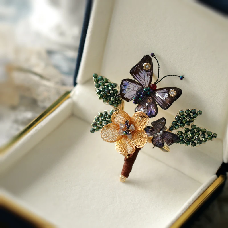 FXLRY Original Handmade Vintage Forest Butterfly Flower Branch Brooch Pin Women'S Jewelry