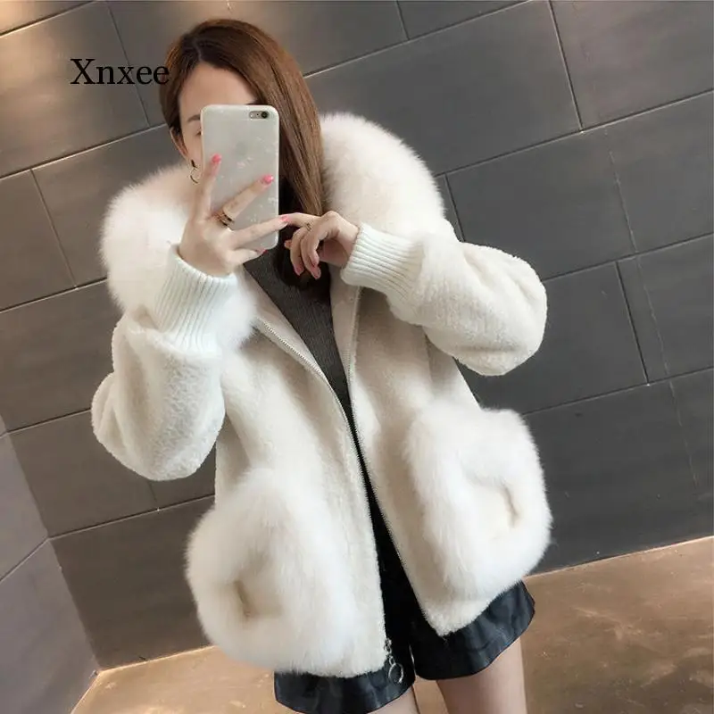 

Sheep Shearing Short Imitation Lamb Hair Furs Coat Loose Warm Faux Fox Fur Collar Hooded Fur Outerwear pink cute pocket zipper