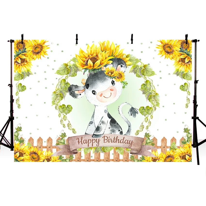 Mehofond Wild Cow Backdrop Sunflower Fence Happy Birthday Party Child Photography Background Photo Studio Photophone Decor Prop