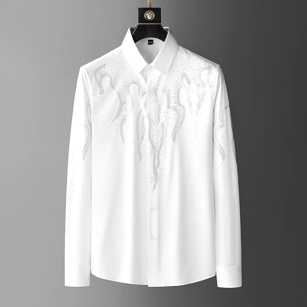 Camisas de strass de luxo masculina, monocromática, manga comprida, casual, fina, festa social, smoking, negócio, vestido formal
