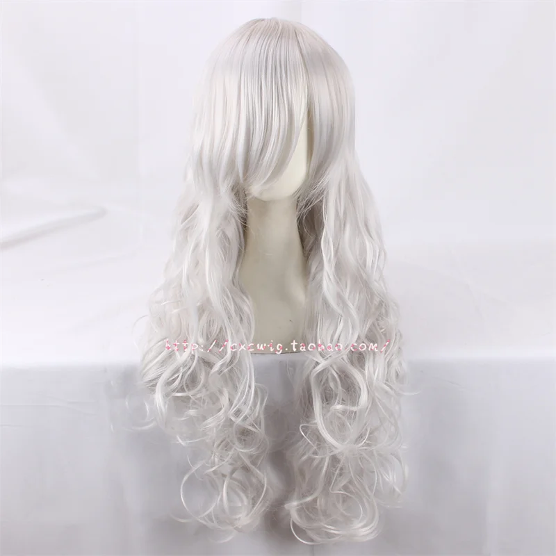 Halloween New Black Cat Cosplay Wig Women Silver White Long Curly Hair with Oblique Bangs