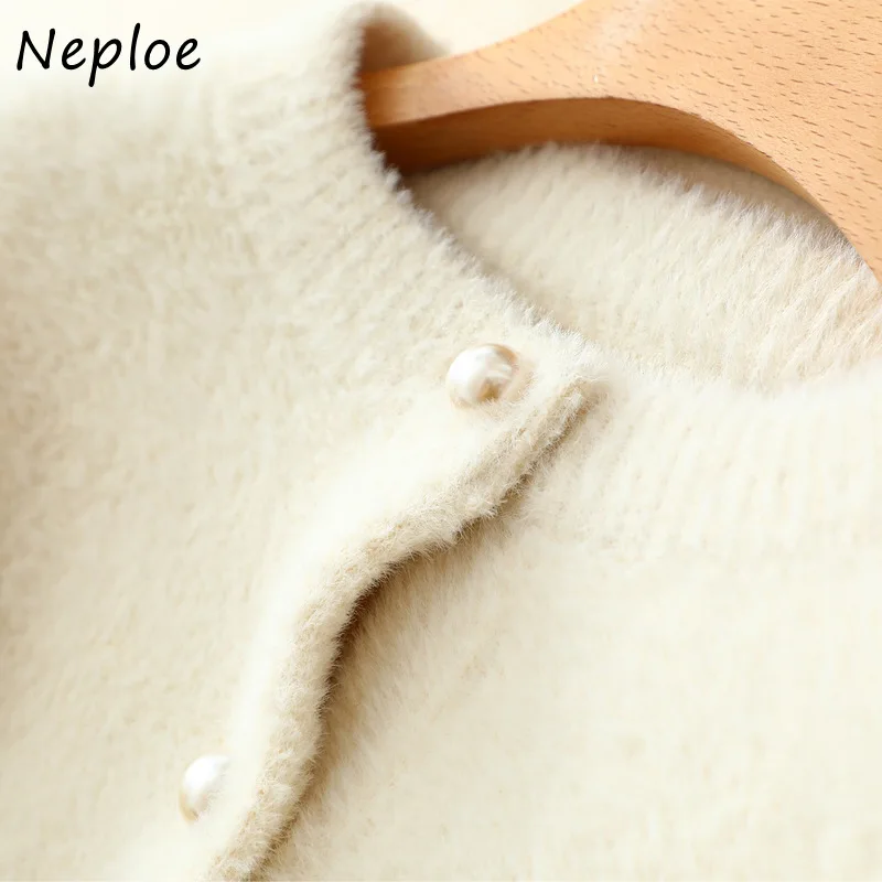 Neploe Fashion Chic Pearl Button Jacket Women 2024 Autumn New Ladies Sweater Round Neck Long Sleeve Single Breasted Cardigan