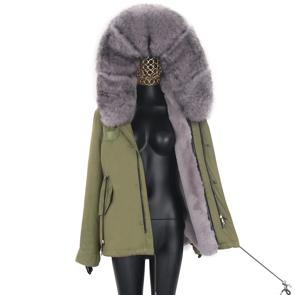 Women's Jacket Large Natural Fox Fur Hooded Coat Parka Outwear Green Black Army Detachable Lining Winter Jackets Fashion