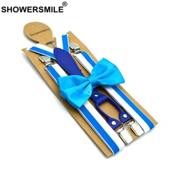 Showersmile masculino suspensórios suspensórios e bowtie designer de suspensórios de moda listrado azul